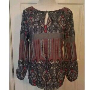 Dylan Embroidered Peasant Blouse Slate Blue Red Silk Cotton S